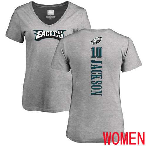 Women Philadelphia Eagles #10 DeSean Jackson Ash Backer V-Neck NFL T Shirt->nfl t-shirts->Sports Accessory